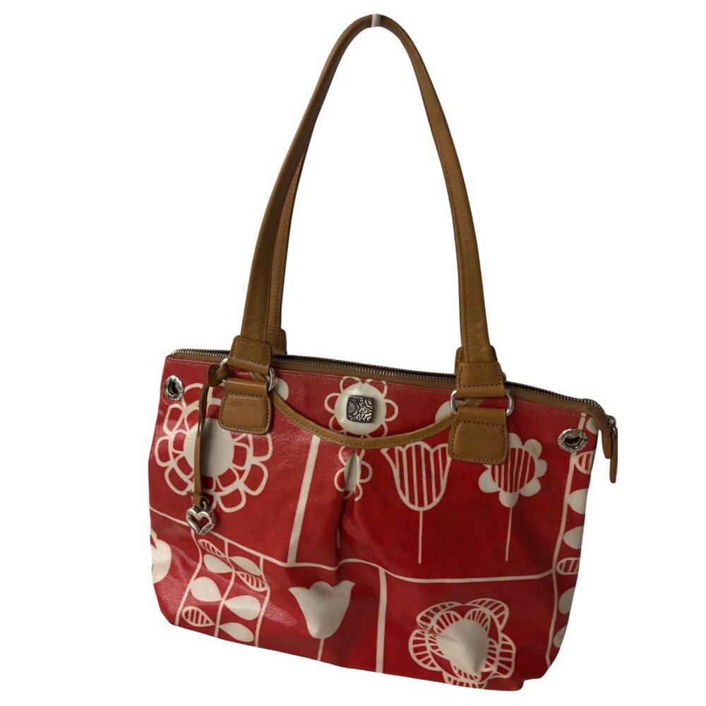 Brighton Red Floral Tote Bag With Tan Handles & Striped Interior Charm Heart